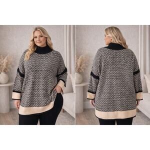 Jill Black Cream Pattern Tunic Sweater 3X Cozy Oversized Chic Top